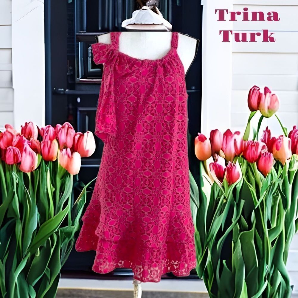 TRINA TURK NWT JAUNTY SCOOP NECK TIERED KNIT DRESS MEDIUM PINK OLEAN